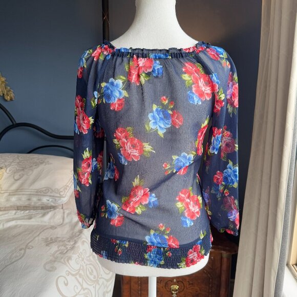 3 For $25! Gilly Hicks Sheer Navy  Floral 3/4 Sleeve Shirt - Picture 6 of 8